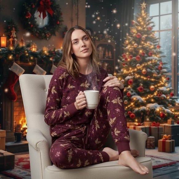 Lauren Conrad Holly Berry Christmas Pajama Set Burgundy Women’s Size XXL - Picture 1 of 15